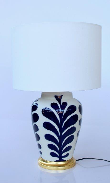 Blue & White Plant Design Lamp Base With Off White Shade